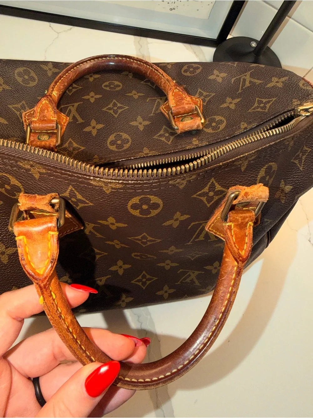 Louis Vuitton Brown Monogram Speedy with Tan Handles